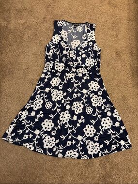 Sleeveless Navy Blue Floral Fit & Flare Dress - White Floral Print